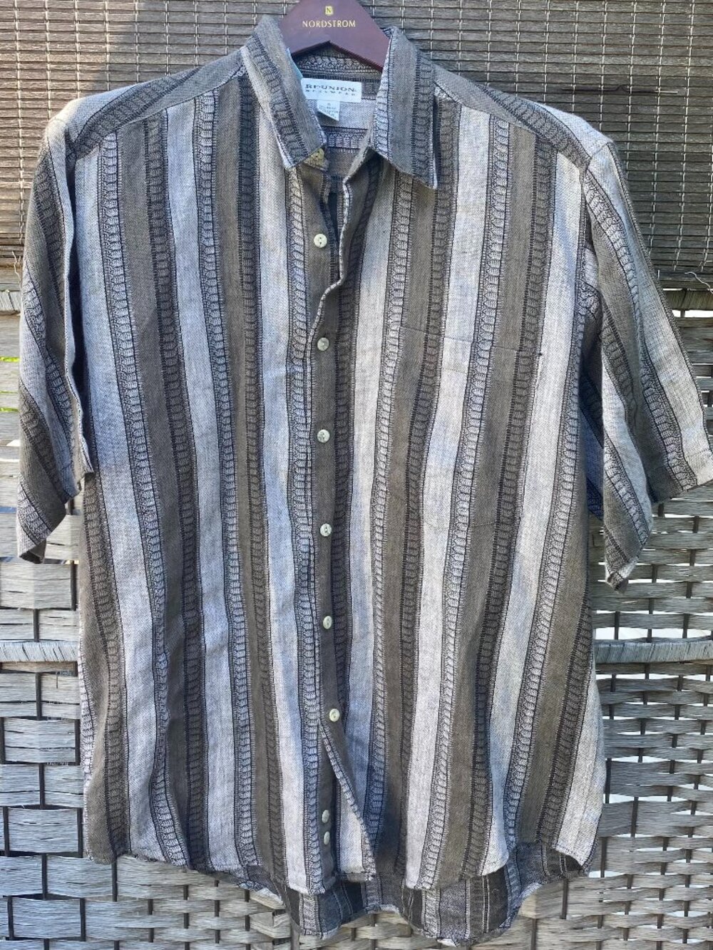 Vintage 80s Reunion Mens Black White Gray Short Sleeve Button Up Shirt Hong Kong